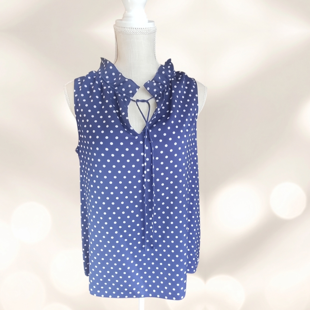 J. Crew Navy Blue Polka Dot Tie-Neck Sleeveless Blouse